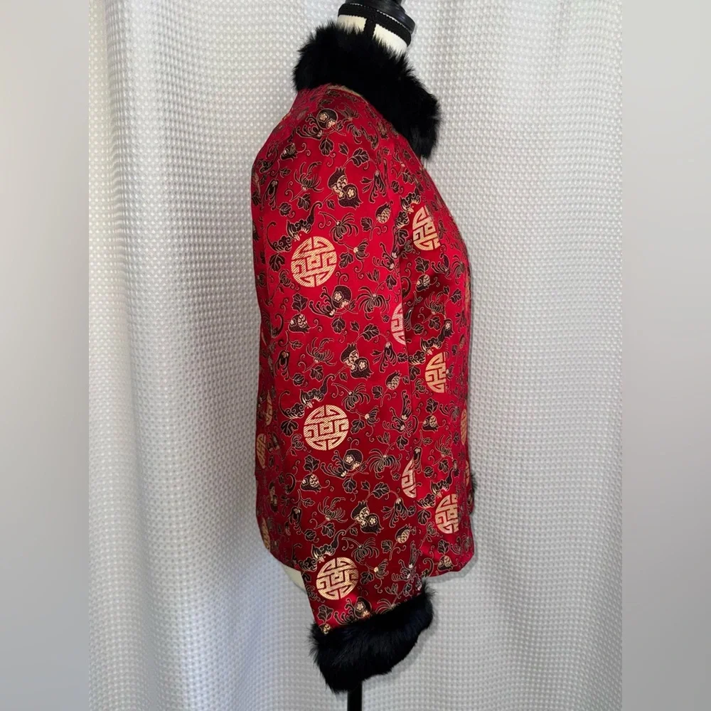 Chinese Silk Blend Jacket Rabbit Fur Collar Red Tailored blazer sz L /US Small - Picture 3 of 14